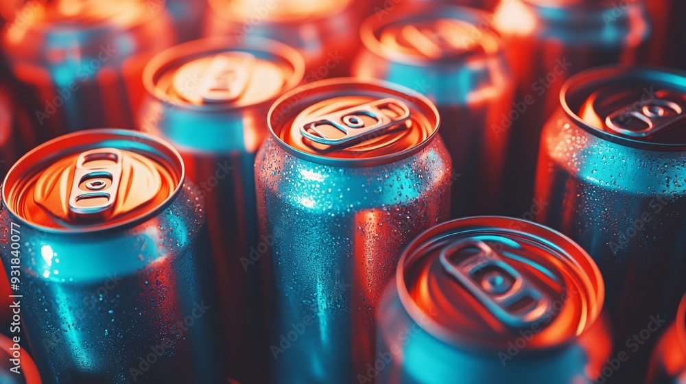 Aufkleber An artistic shot of multiple soda cans stacked together with one can partially opened highlighting the variety and appeal of the drink Camera lens 50mm studio shot for Hi-end advertising Stock Photo