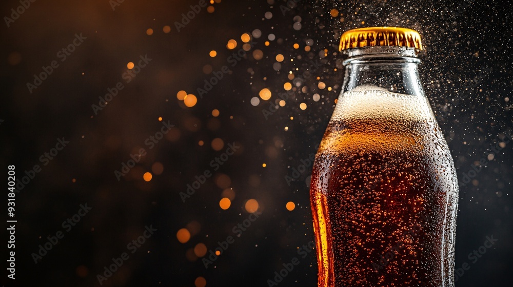 Poster a premium shot of a soda bottle with the liquid inside visibly fizzing and sparkling under studio li