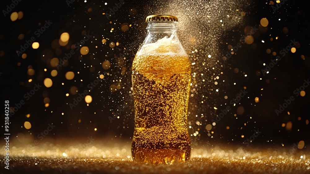 Poster a premium shot of a soda bottle with the liquid inside visibly fizzing and sparkling under studio li