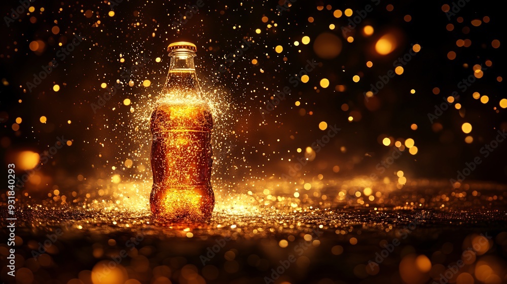 Poster a premium shot of a soda bottle with the liquid inside visibly fizzing and sparkling under studio li