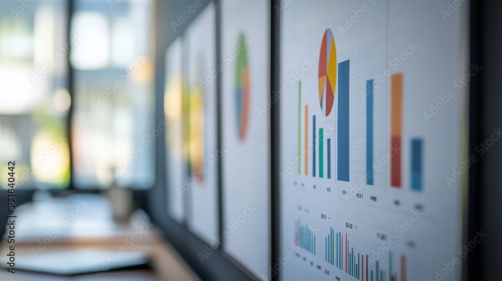 Poster statistical charts illustrate performance data in a bright office space with natural light reflectin