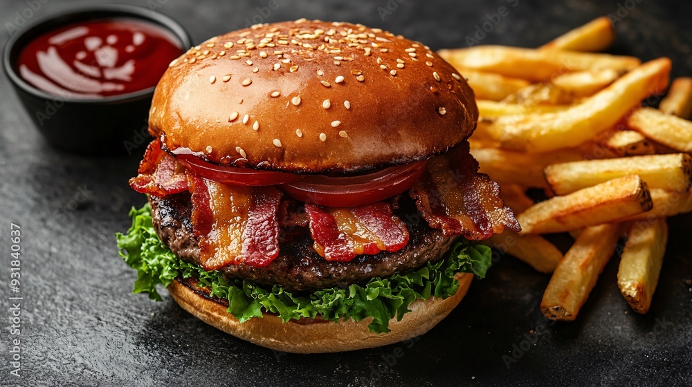 Poster an overhead view of a classic fast food burger with crispy bacon slices and golden fries on the side