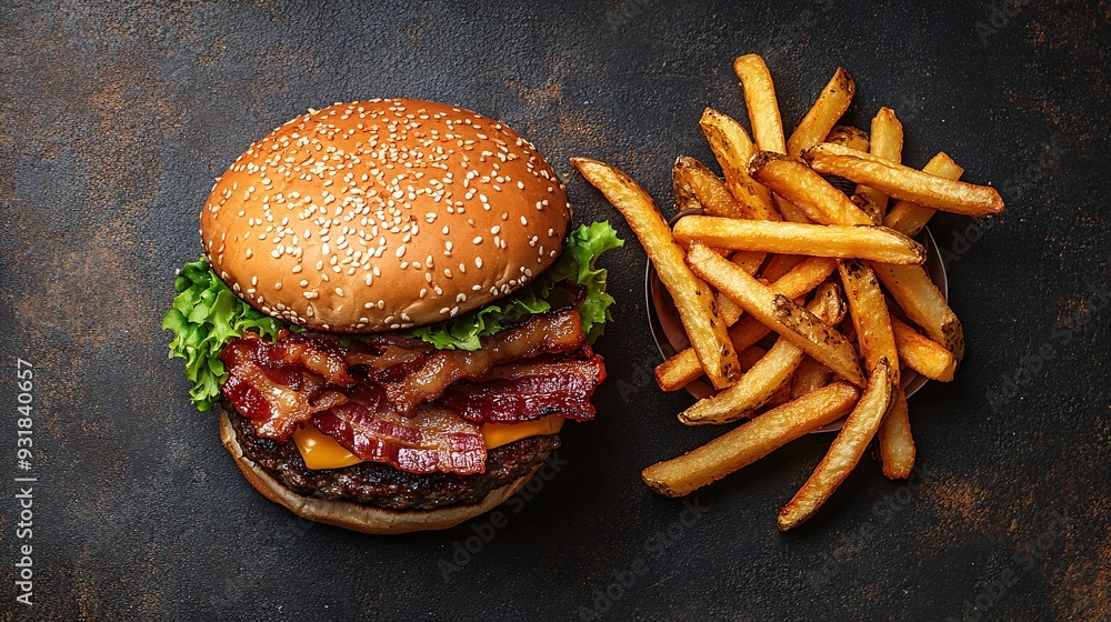 Aufkleber an overhead view of a classic fast food burger with crispy bacon slices and golden fries on the side