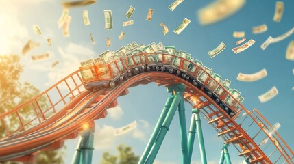 A roller coaster climbs high as money bills soar through the air against a blue sky, creating a whimsical scene of unexpected excitement