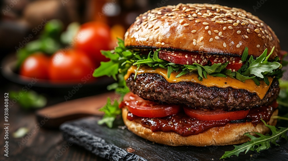 Poster a side angle of a double cheeseburger with two thick patties cheese oozing between layers and a glos
