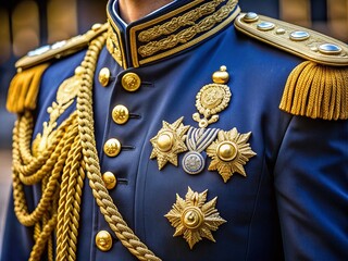 Metallic Threads on Military Uniform: Glamorous, opulent, patriotic, golden, navy blue