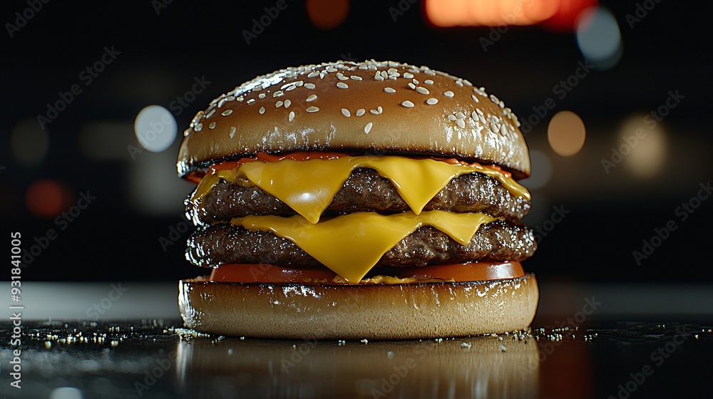 Poster a side angle of a double cheeseburger with two thick patties cheese oozing between layers and a glos