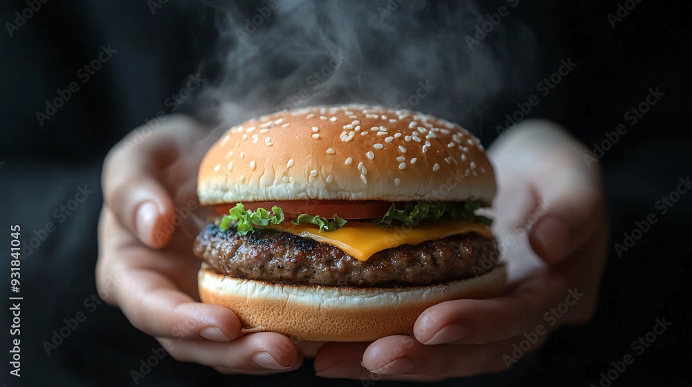 Aufkleber a macro shot of a burger being held with two hands showing the fresh ingredients and steam rising fr