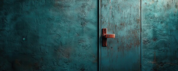 A weathered turquoise door featuring a rustic handle, conveying an inviting yet mysterious atmosphere.