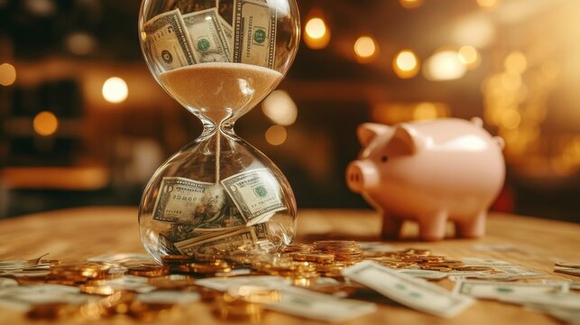 An hourglass filled with dollar bills sits next to scattered coins and a pink piggy bank on a rustic wooden surface