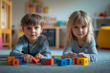 Children enjoy creative playtime with colorful building blocks on a cozy carpet in a bright playroom