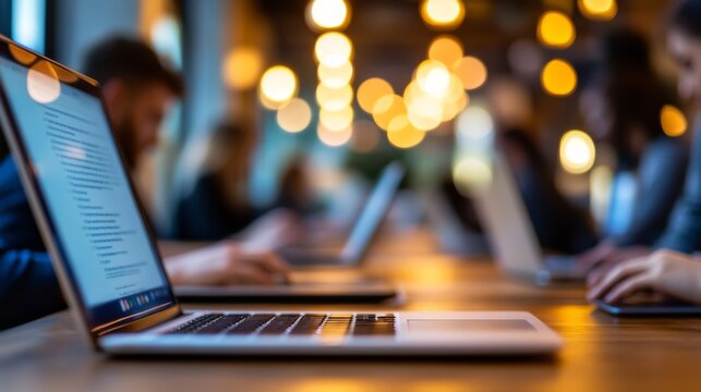 Several individuals are focused on their laptops at a long communal table in a bright, cozy co-working environment