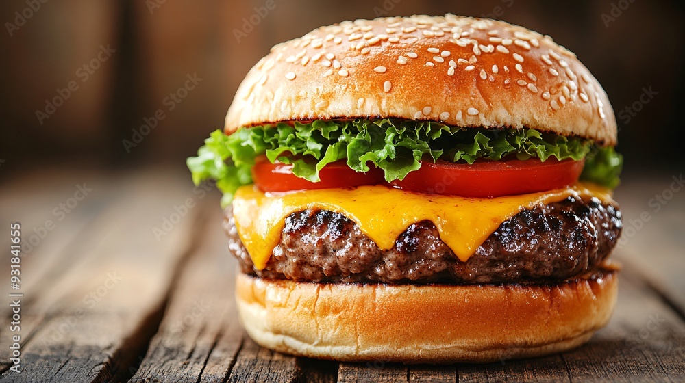 Poster an artistic close-up of a burger with melted cheese tomato and lettuce peeking out from the bun with