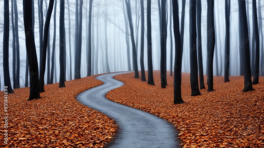 Poster a path through a forest with trees and leaves on the ground, ai