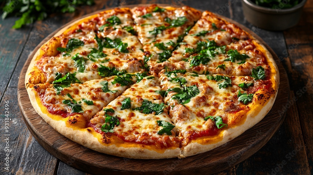 Aufkleber an overhead view of a pizza fresh out of the oven with melted cheese pulling away from the crust and