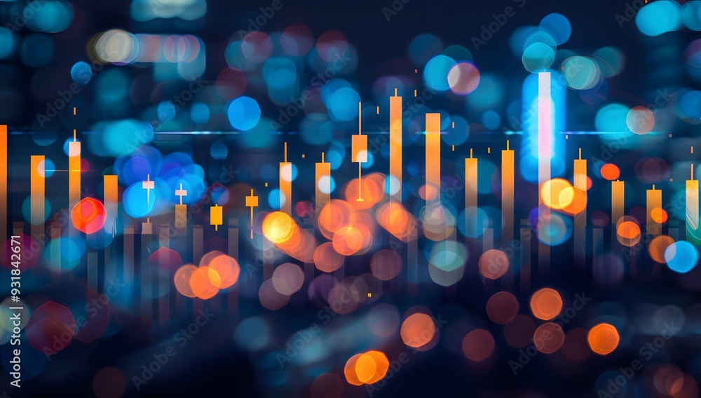 Poster a stock market graph with candlestick chart and data points on a dark blue background, depicting a b