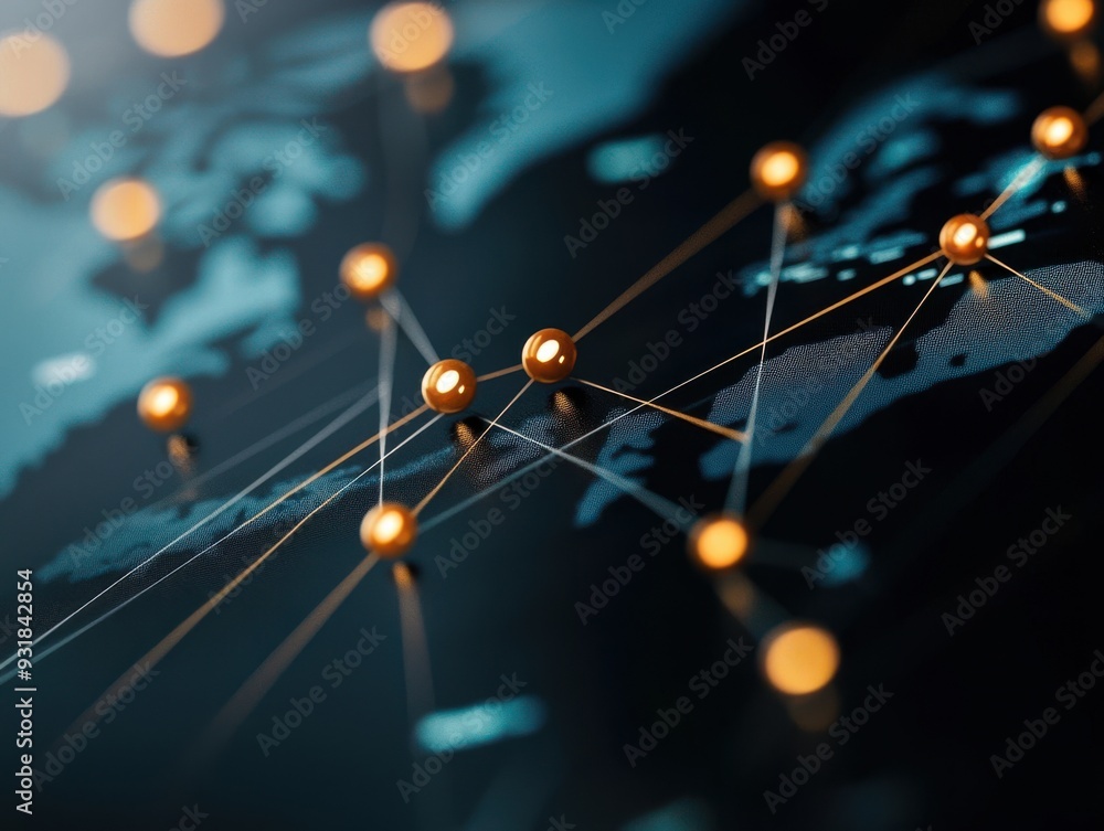 Poster abstract network connections illustrated on a world map with glowing nodes representing global commu