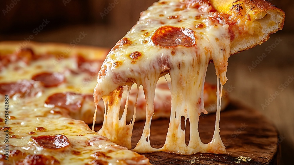 Poster a macro shot of a pizza slice with thick layers of processed meat, gooey cheese, and a perfectly cha