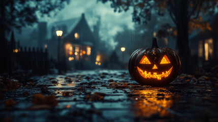 Glowing jack-o'-lantern on a wet cobblestone street in a rainy, spooky village at night