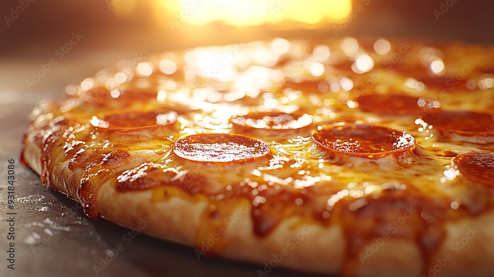 Poster a side view of a pizza with thick slices of pepperoni and a rich layer of cheese melting down the si