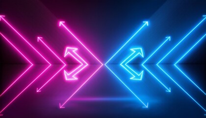 Abstract background with glowing neon lights of blue pink colors on opposite facing arrows on shiny reflecting stage