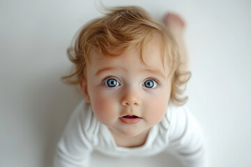 Naklejka premium A curious baby explores a bright white space while crawling with wide-eyed wonder on a gentle afternoon