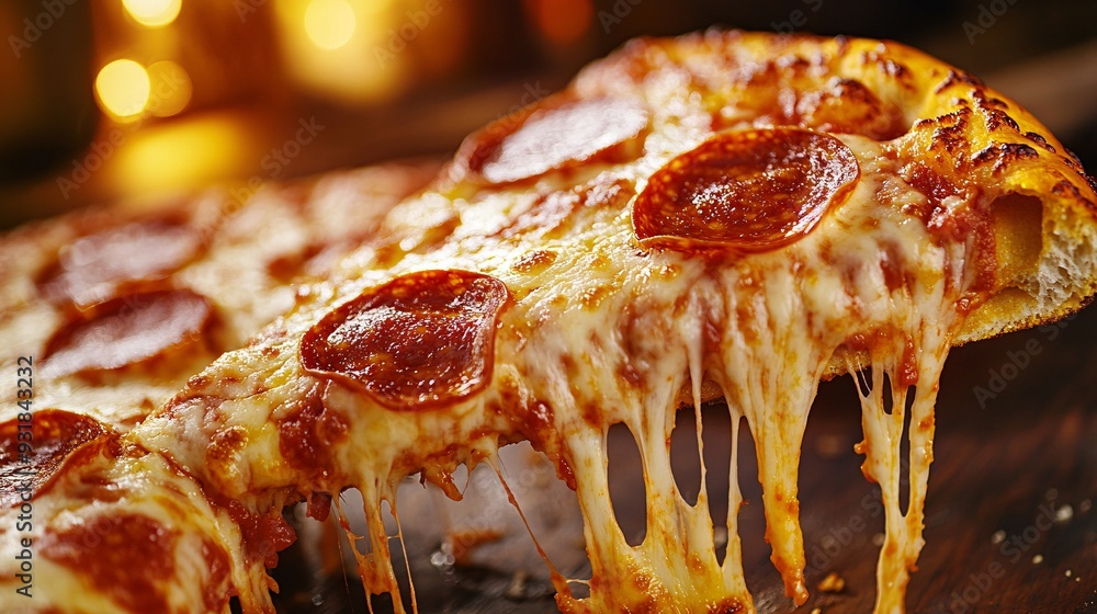 Poster a side view of a pizza with thick slices of pepperoni and a rich layer of cheese melting down the si