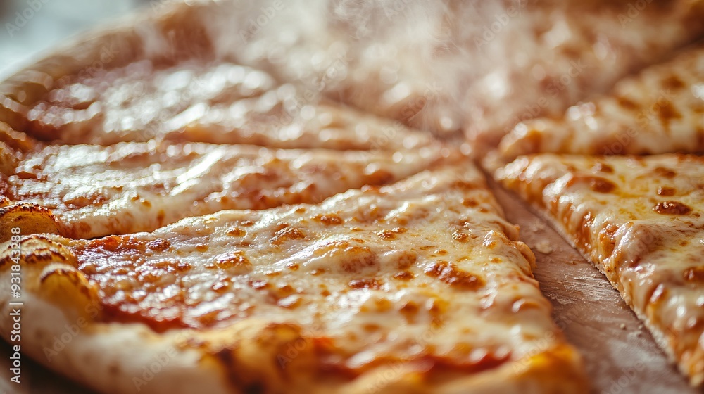 Poster an artistic composition of a pizza cut into even slices, with steam rising from the hot crust and ch