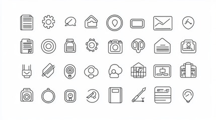 Vector set of thin line mini icons, featuring simple outlines on a 24x24px grid. Pixel-perfect design with editable strokes.