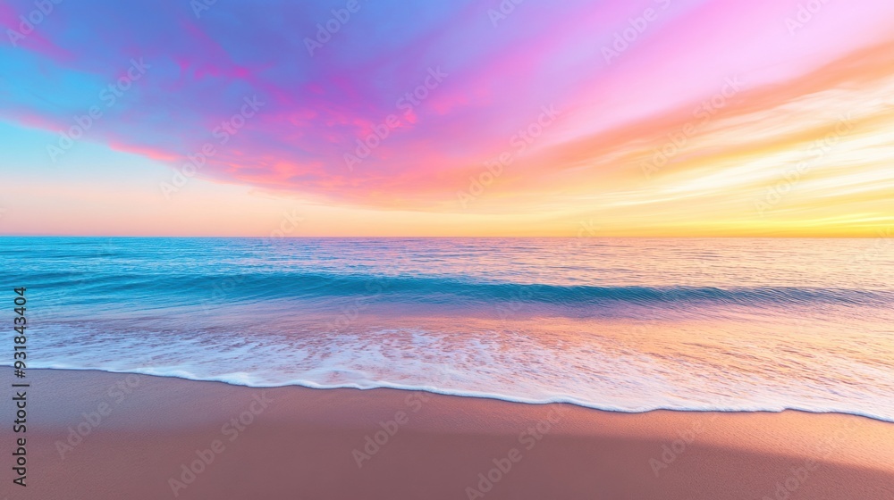 Wall mural A beach with a colorful sunset over the ocean, AI