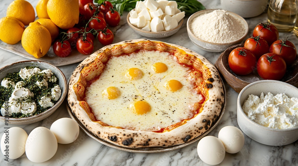 Poster An elevated view of a pizza on a marble countertop with refined flour crust, melted cheese, and assorted toppings arranged neatly in a luxurious setting Camera lens 50mm studio shot for Hi-end