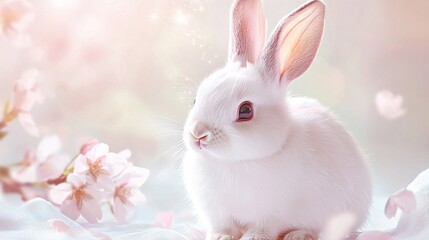 Obraz premium Cute White Rabbit Surrounded by Spring Blooms