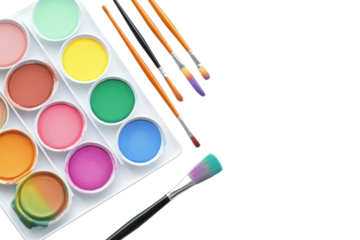 Vibrant paint palette with brush and colorful paint pots