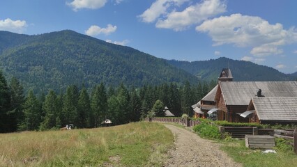mountains in summer, carpathians, beautiful view of mountains and houses in mountains, countryside