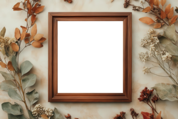 wooden frame surrounded by botanical elements