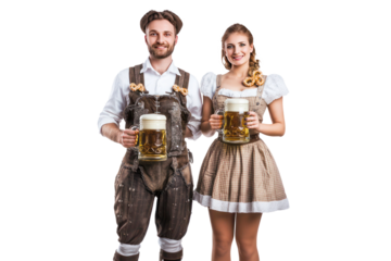 People in Traditional German Outfits Wearing Lederhosen and Dirndls, Holding Beer Steins and Pretzels, Isolated on True White Background, High-Resolution with Clear and Bright Lighting