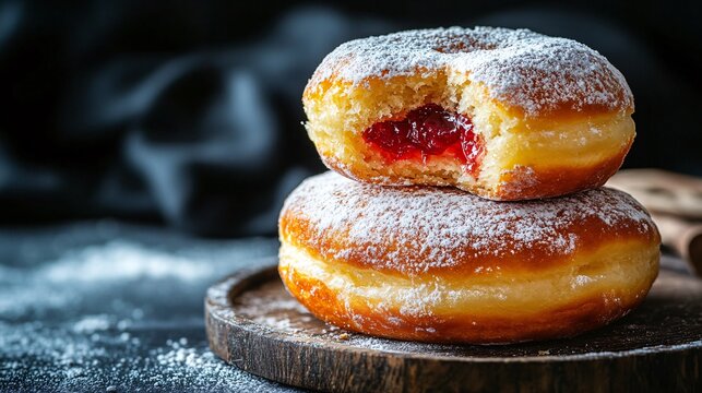 A dramatic shot of a doughnut being split open to reveal a creamy or jam filling, with the rich texture of the filling contrasting against the crisp dough Camera lens 50mm studio shot for Hi-end