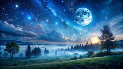 💙 Mystical Nightscape: Atmospheric blue starry sky, moonlit landscapes, surreal and magical atmosphere.