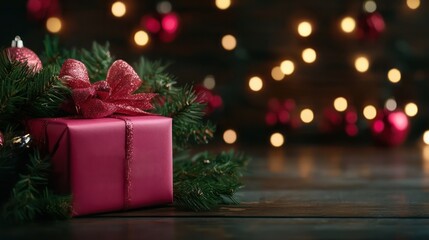 A red box with a bow on top of a Christmas tree. The box is sitting on a wooden table