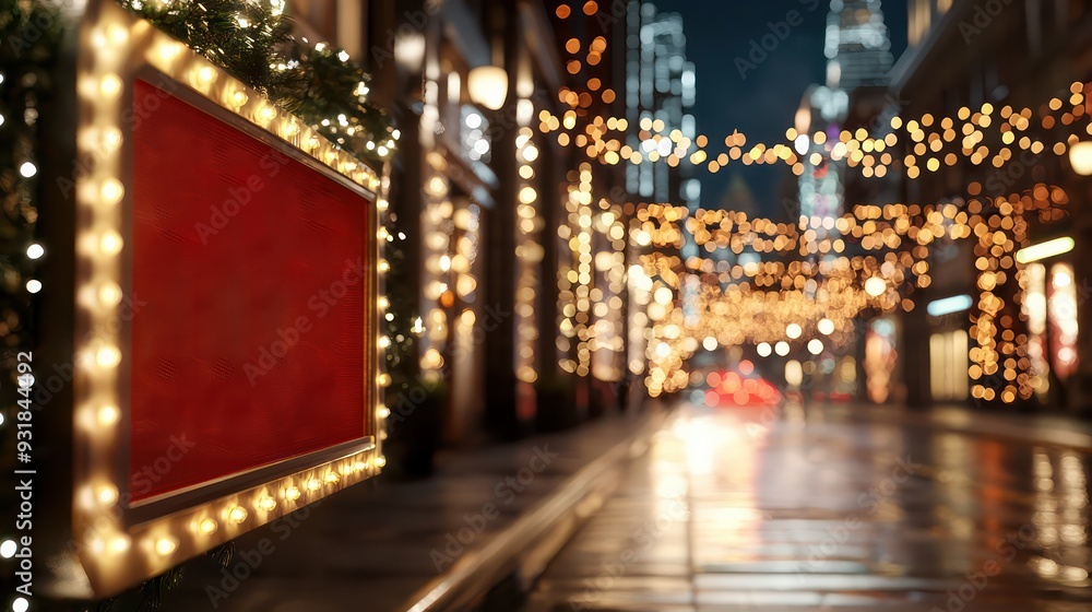 Poster a red sign with a white background is lit up in a city street. the sign is empty, but the lights sur