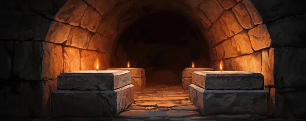 Ancient crypt, stone coffins, candlelit ambiance, Watercolor style