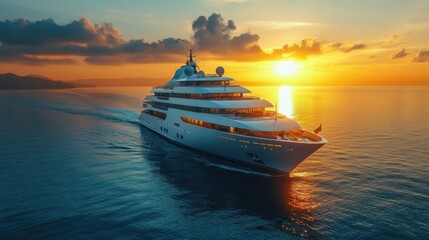 Luxury yacht cruising at sunset over calm waters.
