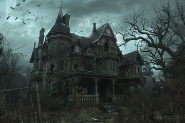 Haunted house on a hill under a cloudy night sky