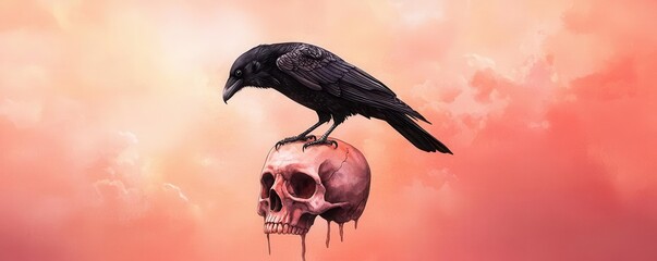 Fototapeta premium Black raven, perched on a skull, ominous clouds, Watercolor style