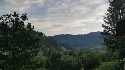 mountains in summer, carpathians, beautiful view of mountains and houses in mountains, countryside
