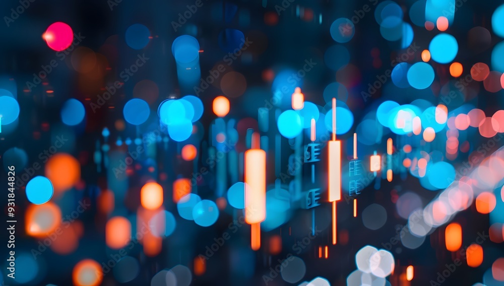 Poster a stock market graph with candlestick chart and data points on a dark blue background, depicting a b
