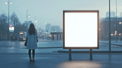 Fototapeta premium A woman gazes thoughtfully at a blank advertising lightbox on a bustling city street illuminated by twinkling lights at night