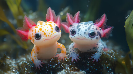 illustration of two cute colorful baby axolotls in water
