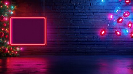 A neon sign with a red square frame hangs above a brick wall. The wall is decorated with Christmas lights and a tree. Scene is festive and celebratory