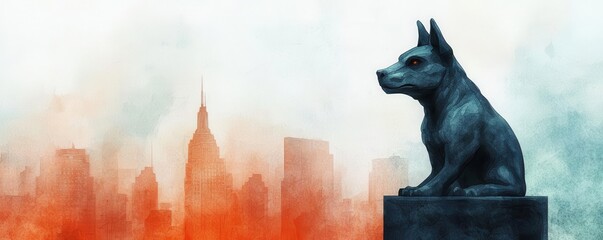 Gargoyle statue, rain soaked stone, cityscape background, Watercolor style